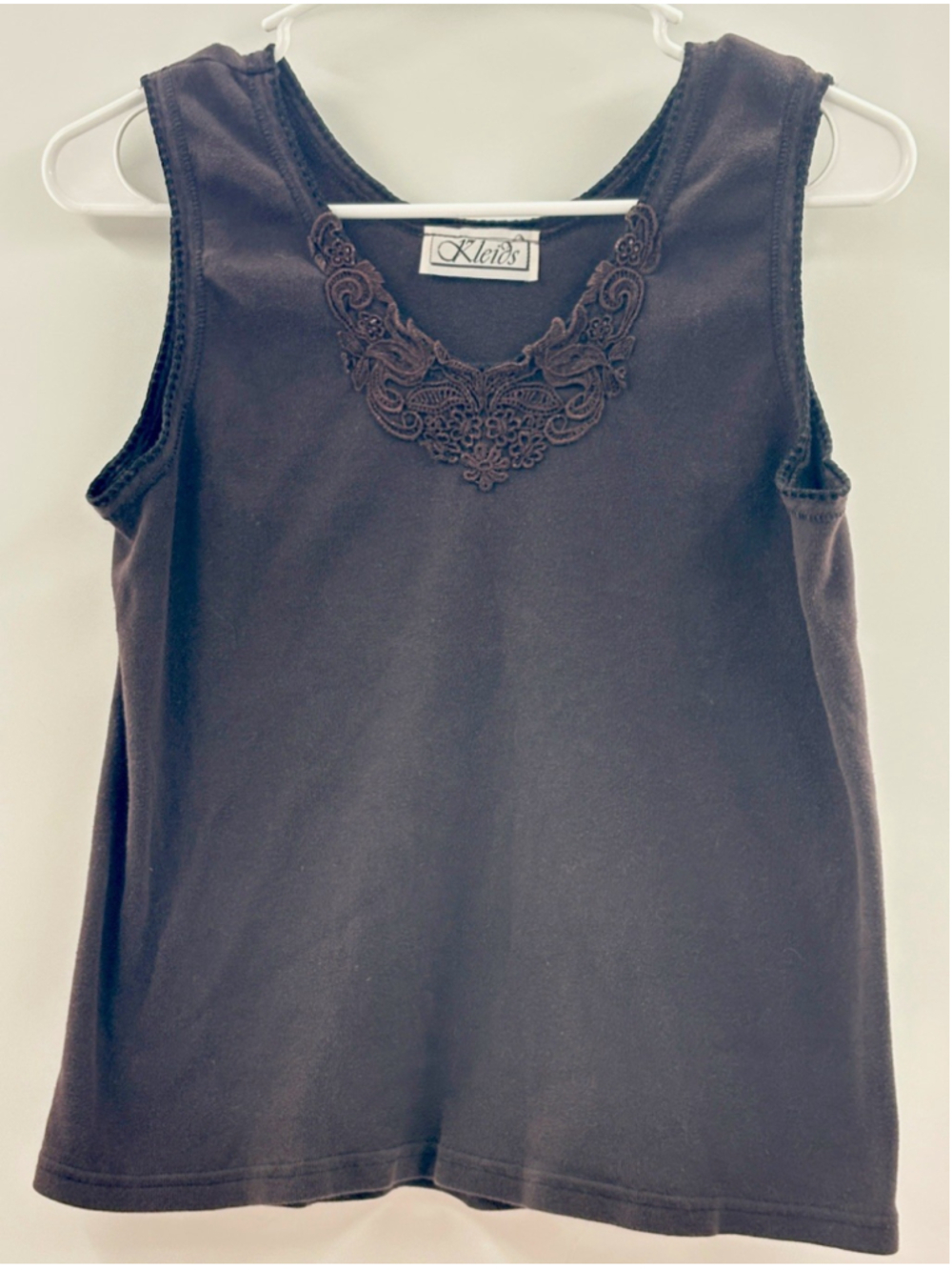 Vintage Kleids Black Cotton Tank Top Camisole Small Embroidered Lace Front USA S